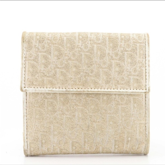 Christian Dior Metallic Gold Monogram Canvas White Leather Wallet Authentic - Picture 2 of 8